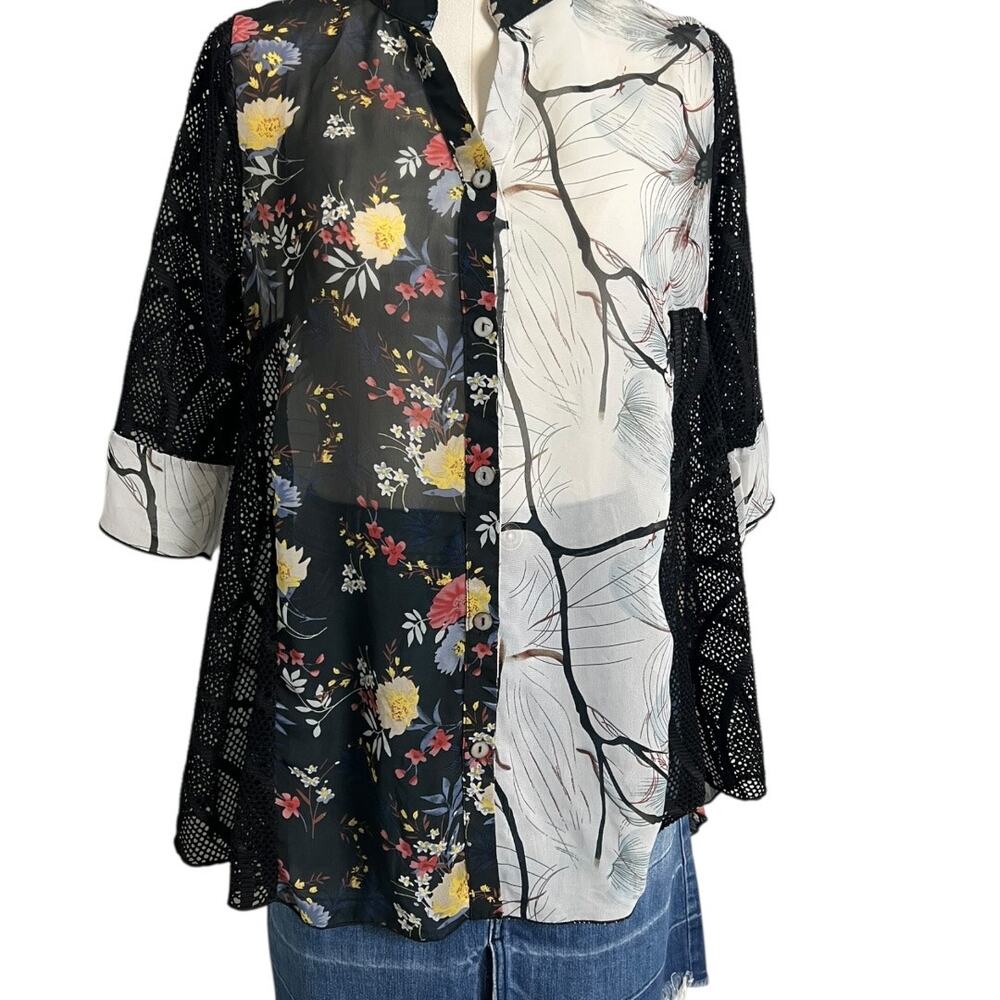 Boho Floral Mixed Media Tunic Top Button Front Artsy Lagenlook PS